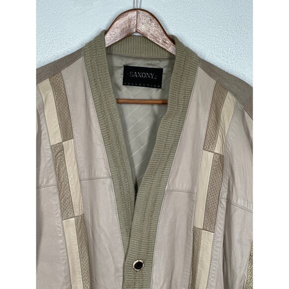 VTG SAXONY Leather Sweater Cardigan M Tan Color Block Dad Grandpa Aesthetic - Picture 2 of 16